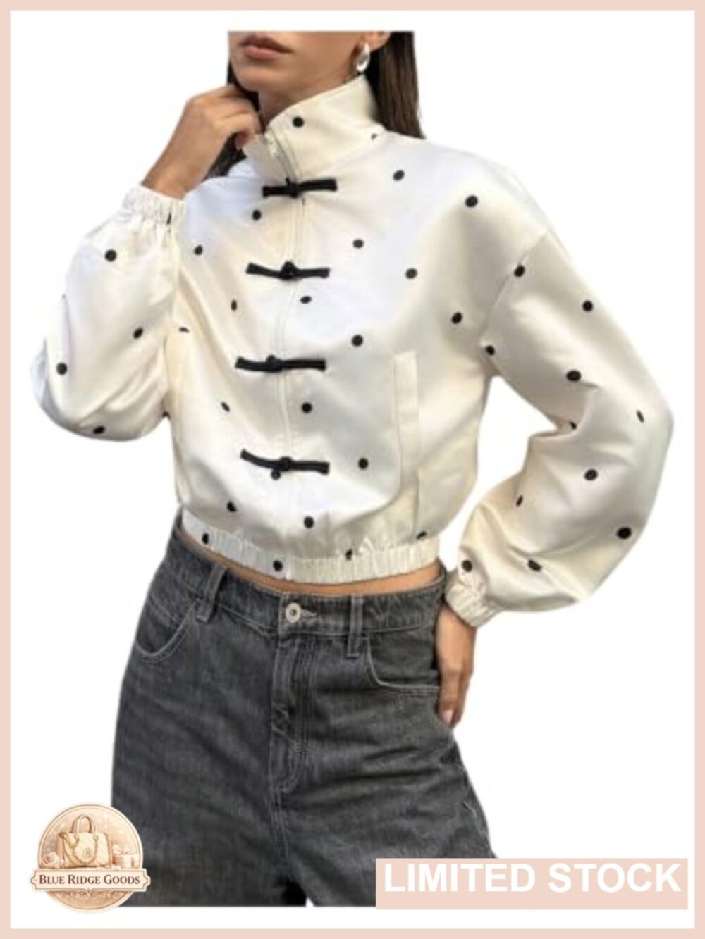 Funnel Neck Button Zip Up Polka Dots Bomber Jacket Long Sleeve